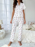 Lace Trim Cherry Print 2 Pieces Pajama Set for Women Sleepwear Short Sleeve Top & Full-Length Pants Nightwear Homewear
