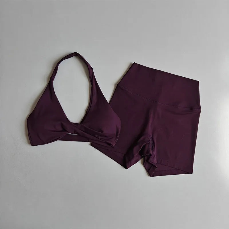 2PCS Nude Sexy Yoga Set Halter Neck Sports Bra And Shorts Breathable Fitness Training Underwear Slimming Beautiful Back Design