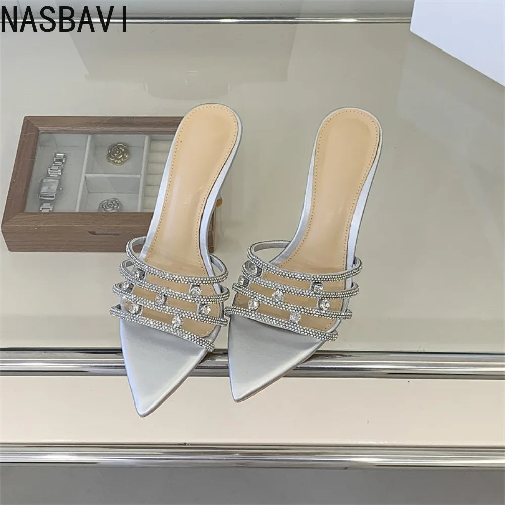Fashion Crystal Rhinestone Thin High Heels Slippers Summer Pointed Toe Open Toes Woman Retro Slippers Party Dress Shoes New