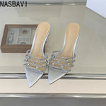 Fashion Crystal Rhinestone Thin High Heels Slippers Summer Pointed Toe Open Toes Woman Retro Slippers Party Dress Shoes New