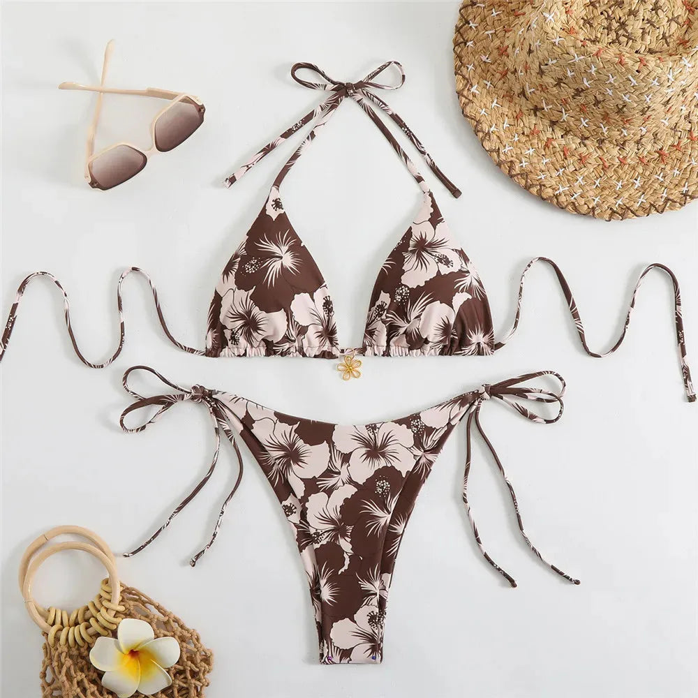 Sexy Rose Red Flower Print Micro Thong Bikini Women Swimwear 2026 String Halter Swimsuit Swimming Wear Triangle Bikinis Sets