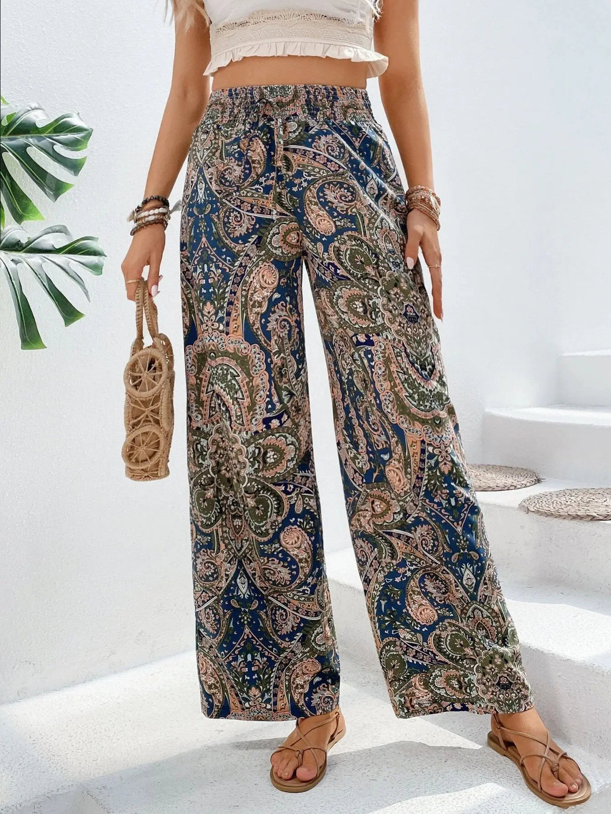 Women's 2026 Summer Versatile Printed Elastic Waist Wide Leg Pants