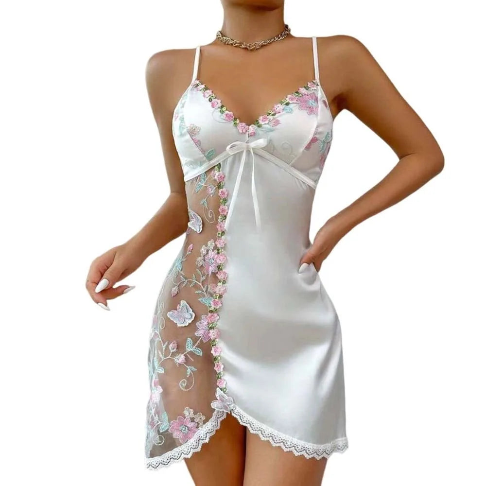 Thin Lace Bow Women's Pajama Dress Embroidered Mesh Transparent Ice Silk Suspender Nightdress Split Sleepwear