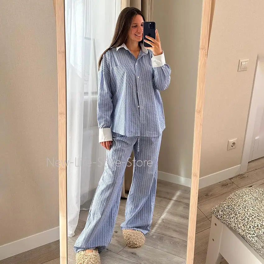 Women Autumn Winter Color Block Striped Pajama Set Skin Friendly Loose Long Sleeve Pants Two Piece Ladies Homewear Sleepwear