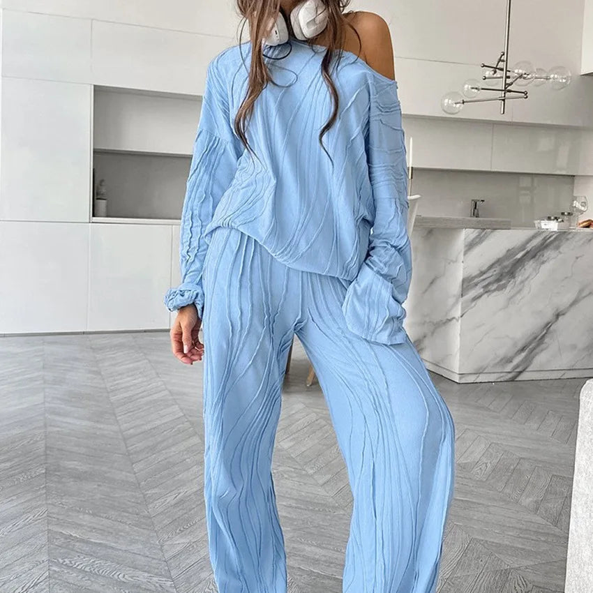Women 2026 European Winter Knit Pajama Set Loose Comfortable Long Sleeve Pants Two Piece Ladies Homewear Sleepwear Loungewear