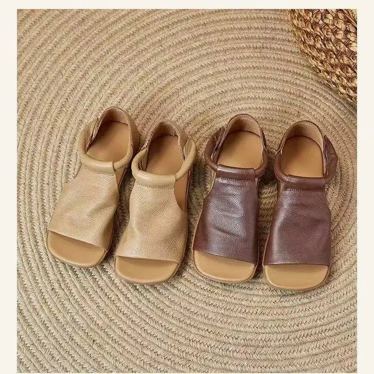 New Women's Peep Toe Flat Sandals - Retro Soft Leather Breathable Comfortable Versatile Casual Shoes 2026