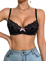 Floral Lace Push Up Women Bra Sexy Deep V Breathable Mesh Everyday Lingerie Thin Cup Adjustable Straps Underwire Bra