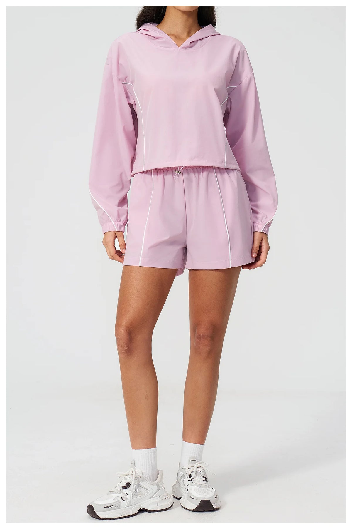 Summer Sun Protection Yoga Suit Women Contrasting Colors Long Sleeve Hoodies Top High Waist Shorts Running Fitness Athletic Wear