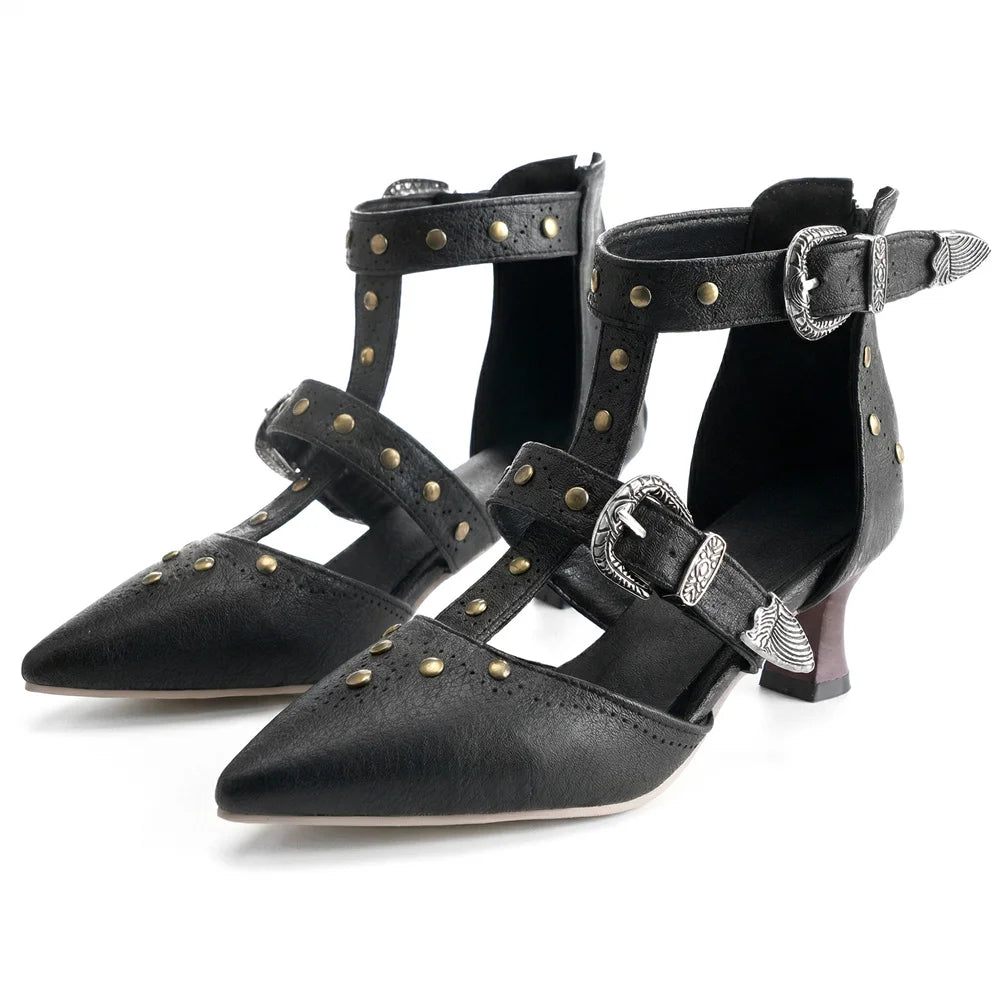 2026 Big Size 32-50 Vintage Gothic Punk Pointed Toe 6cm Kitten Heels with Western Cowboy Buckles & Studs Sandals Women Shoes
