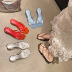 2026 Summer Jelly Shoes Women Fashion Sandals Low Heel Square Toe Girls Street Flip Flops Transparent Color Female Slippers
