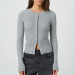 Autumn Winter Sweater Cardigan Women Solid Color Long Sleeve Round Neck Button Up Ribbed Knitwear Slim Coat