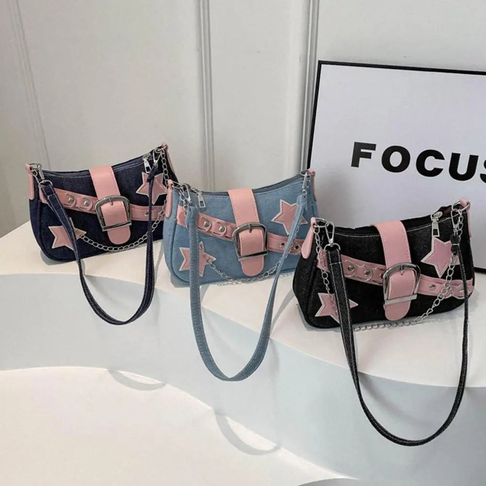 Fashion Women's Handbags Denim Stars Pattern Cool Girls Underarm Bag Female Small Shoulder Hobo Bags Chain Tote Bag
