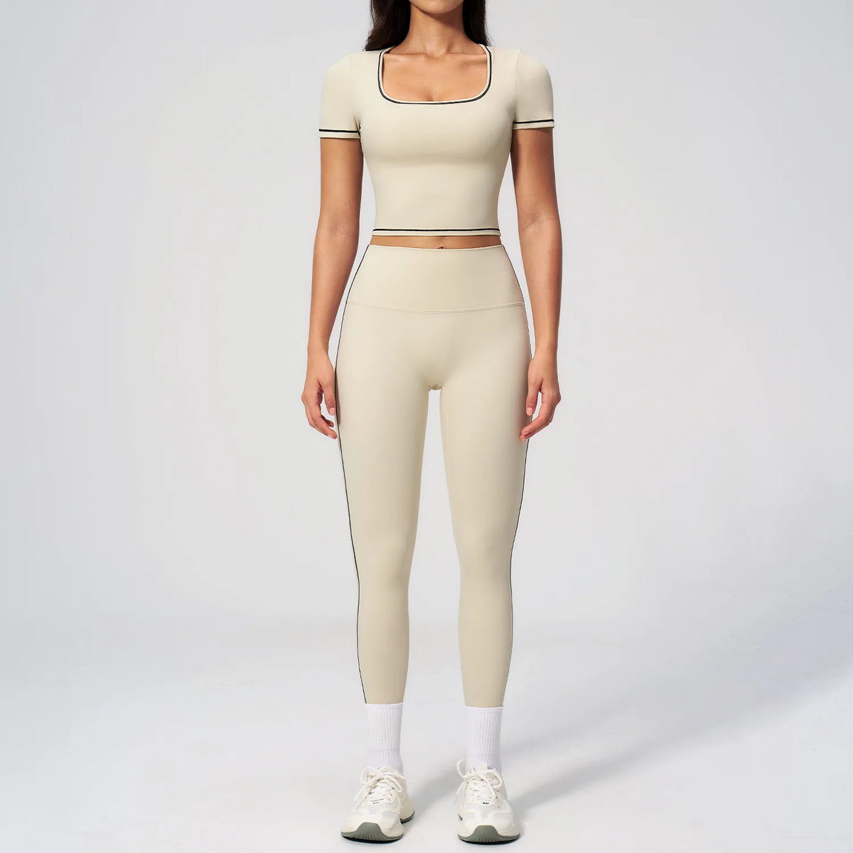 2PC Color Contrast Yoga Suit Women Short Sleeve Square Collar Slim Sports Top Fitness Suits Outdoor Exercise Leggings Tracksuit