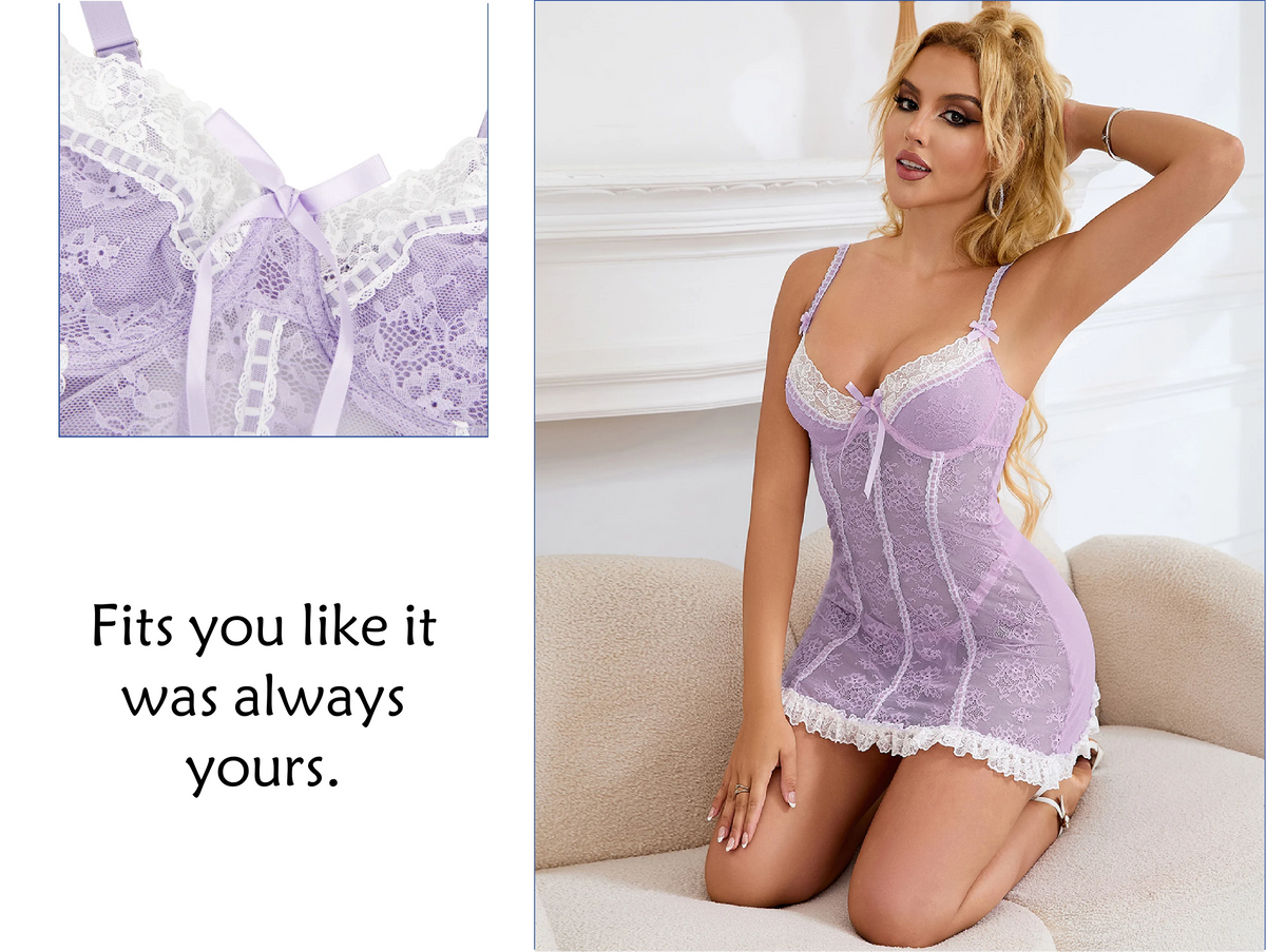 Purple Sexy Lace Ruffled Suspender Babydoll Nightdress for Women Push Up Chemise Sleepwear Lingerie