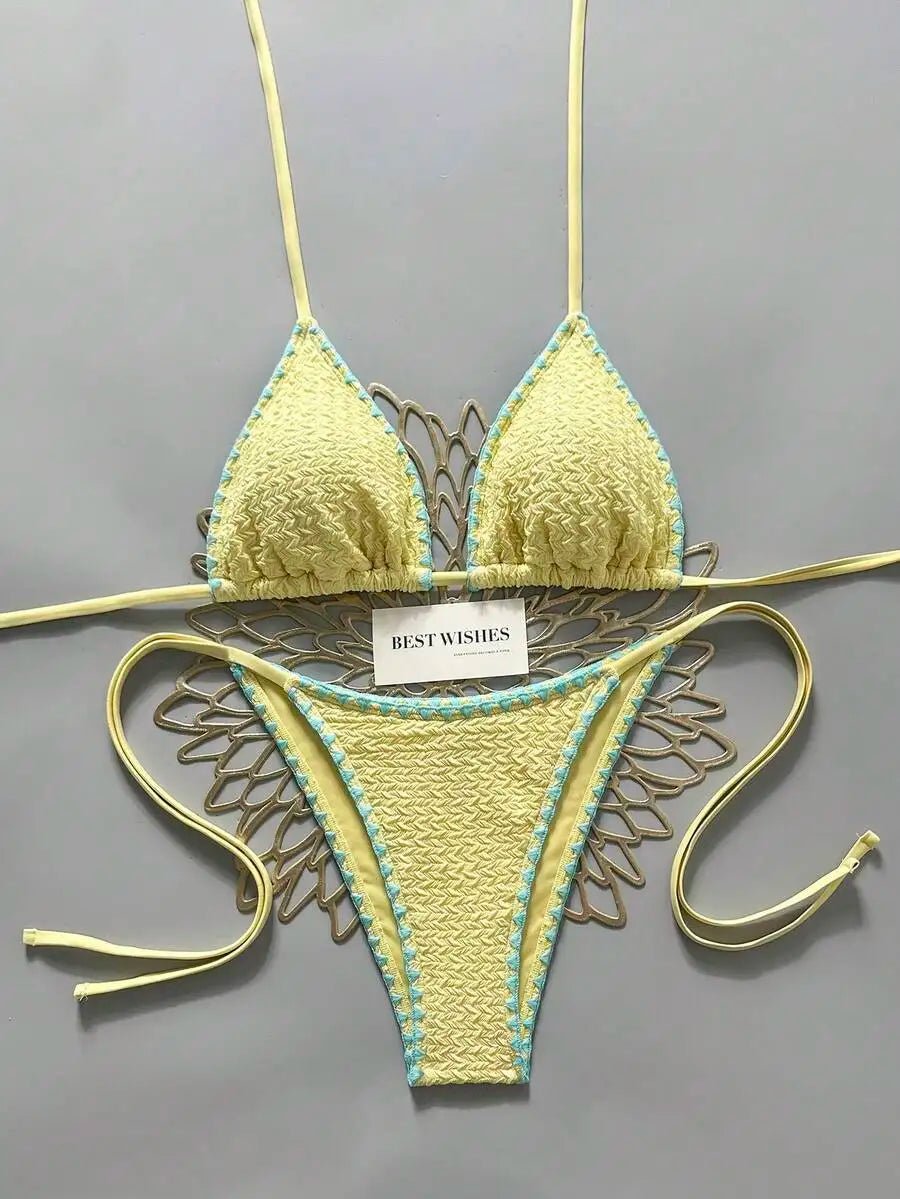 Womens Green Yellow Brazil Print Halter Tie Side Bikini Set For Beach Pool Vacation