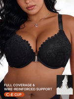 Women's C D E Cup Floral Lace Bra Side Gathering Close-Fitting Shaping Underwire Bra Thin Breathable Comfortable Bra