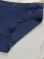 Women Ribbed Cotton Briefs Lace Trim Mid Waist Panties Soft Breathable Rhinestone Star Decor Ladies Daily Basic Underwear W134