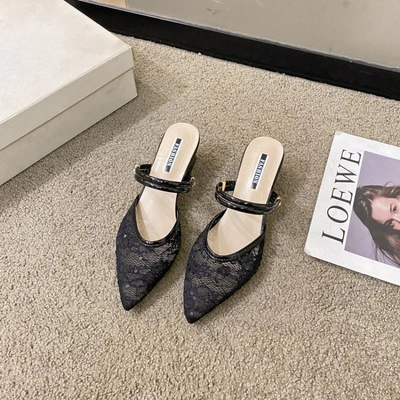 Large Size Women's Summer Outdoor Sandals Pointed Toe Mesh Upper Thick Heel Slip-On Korean Style Rubber Bottom Flats