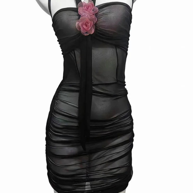 Sexy Transparent Dress Backless Deep V Suspenders Sleeveless Hanging Neck Flower Dress Mesh Pure Desire Casual Style Dress QFZO