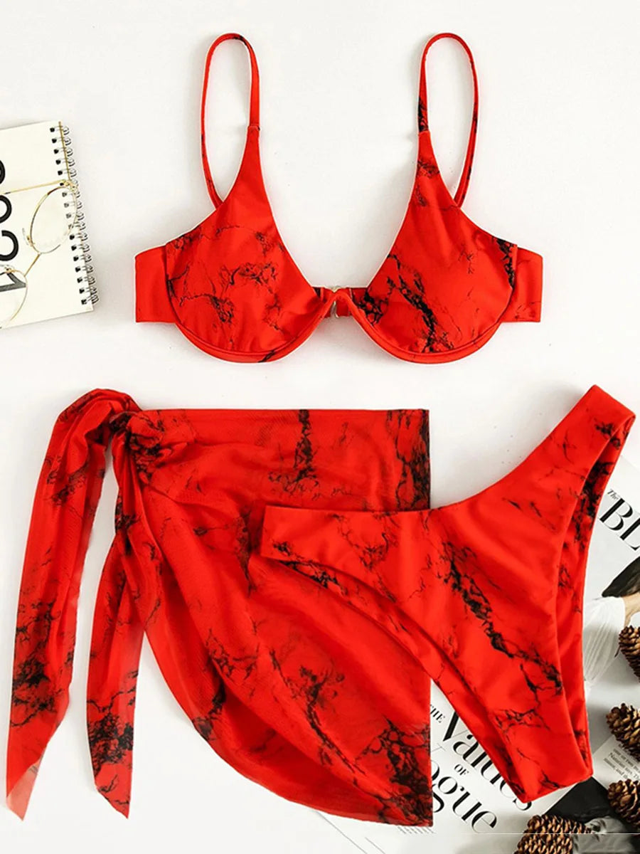Marble Print V-Bar Underwired Bikini Women Swimsuit Female Swimwear Three-pieces Bikini Set Push Up Bathing Suit Beach Sarong