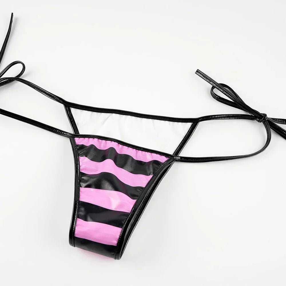 Summer PU Leather Micro Bra Bikini Set Swimsuit Stripes Bright Anime Swimwear Women Erotic Underwear Sexy Lingerie Costume