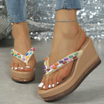 Colorful Pearls Wedge Flip Flops for Women Fashion Crystal Chunky Platform Sandals Woman Summer 2026 Thick Bottom Beach Slippers