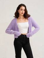 Fall Winter Women Button Down Cropped Knit Cardigan Solid Color Knitwear Fuzzy Long Sleeve V-Neck Loose Sweater