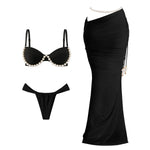 Beads 3Pcs Green Bikini Sexy Women Bandeau Biquini Female Swimsuit Push Up Swimwear Mesh Skirt Bathing Suits Cover Up Beachwear