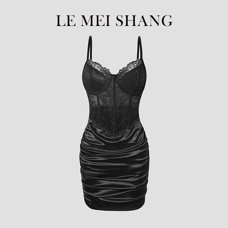 Hot Girls Slim Spaghetti Strap Mini Dresses Women Sexy See Through Flower Lace Fold Package Hip Bodycon Short Dress Club Vestido