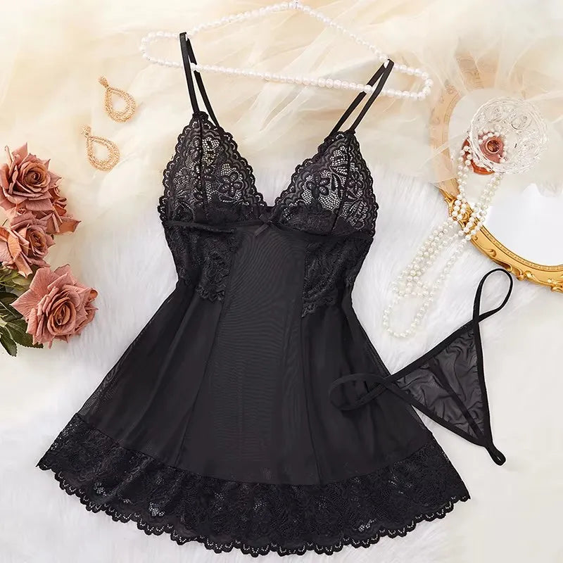 Ultra Sexy Women Hot Erotic Crotchless Lingerie Transparent Lace Dress Sleepwear Pajamas Set Sex Clothes lencería