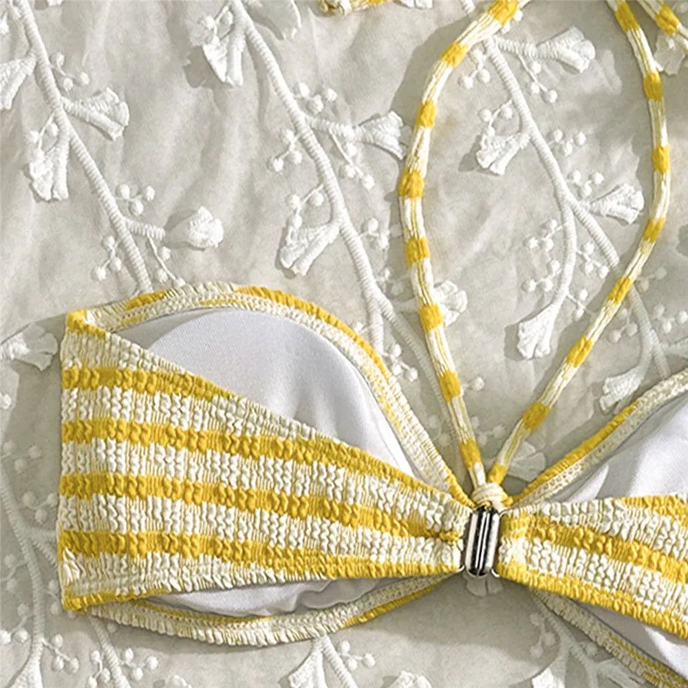 Striped Print String Halter Bandeau Bikinis Sets 2026 Sexy Swimsuit Women Ruched Swimwear Bathing Suit Brazilian Bikini Mujer