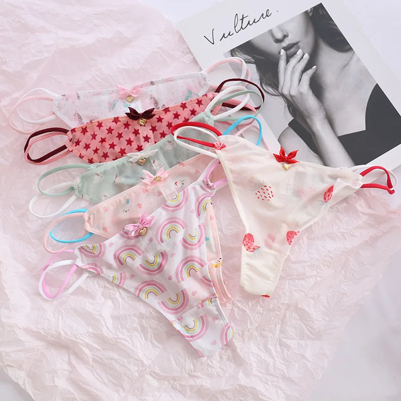 Sexy Pantis Mesh T Pants Thong Cute Transparent Strawberry Cherry Ladies Panties Underwear Low Waist Seamless Lace G-string Wome