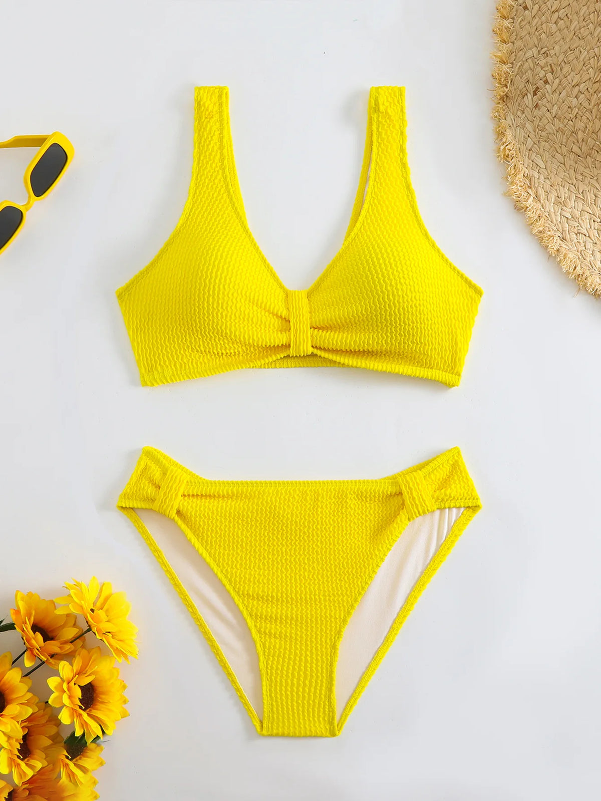2026 Summer New Women's 2 Piece Swimsuit Solid Color High Waist Bikini Set V-neck Backless Beach Vacation Bathing Suit Swimwear