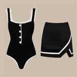 New 2Pcs Black Hollow Swimsuit Women Sexy Swimwear With Midi Skirt Push Up Bikini Female Biquini Bathingsuit Bodysuit Beachwear