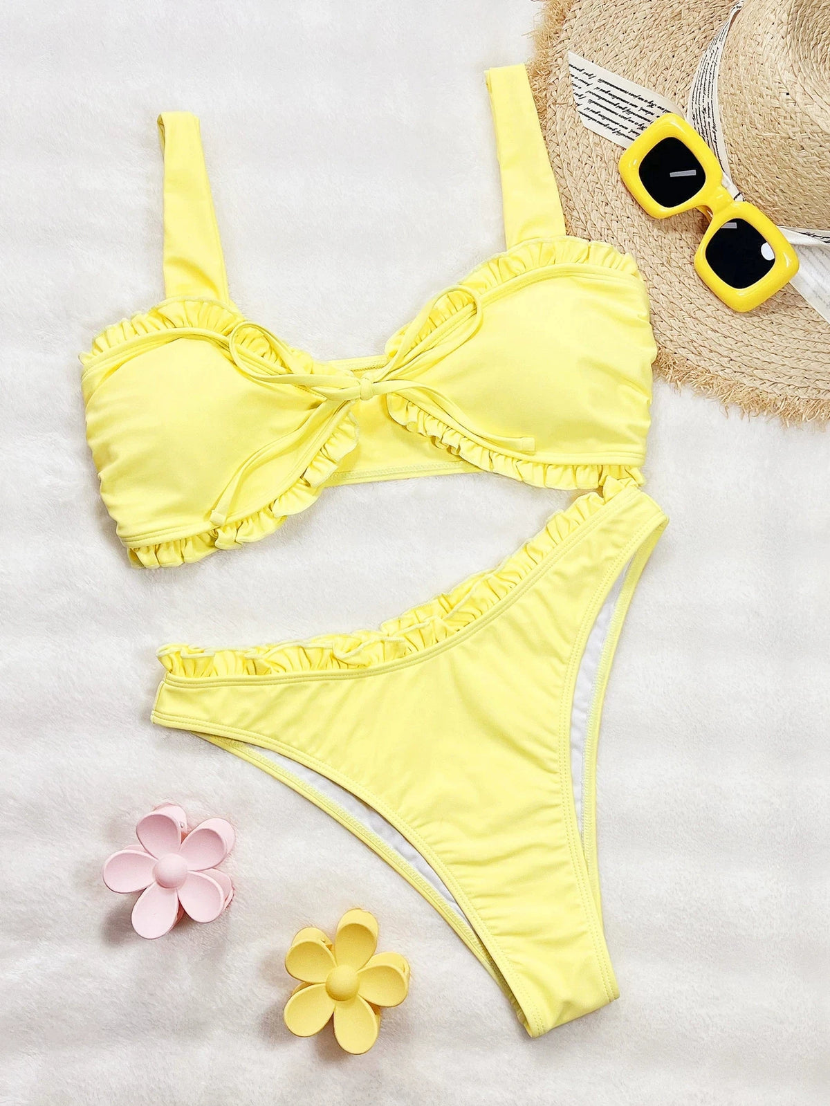 DEKA Sexy Yellow String Halter Ruffled Bikini Thong Ruffled Ruched Swimsuit Women Swimwear BatherBrazilian Bikinis Sets