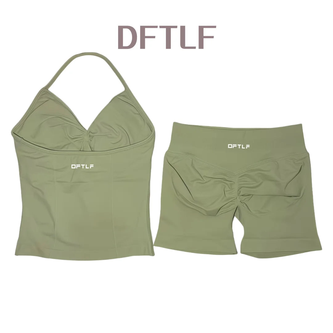DFTLF 2 Pieces Sports Set Women Backless Tank Yoga Tops High Waist Scrunch Seamless Shorts Sport Gym Set Sportswear Workout Set