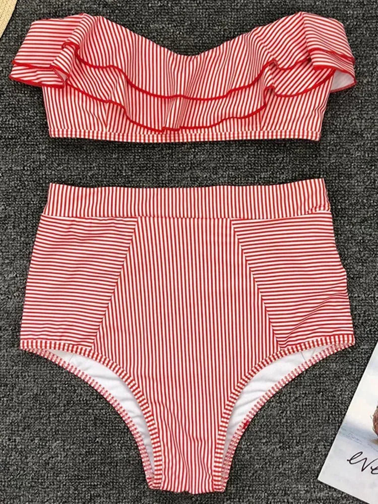 2025 Striped Top Ruffle High Waist Bikini Women Swimwear Female Swimsuit Two-pieces Bikini set Bandeau Bikinis Bathing Suit Swim