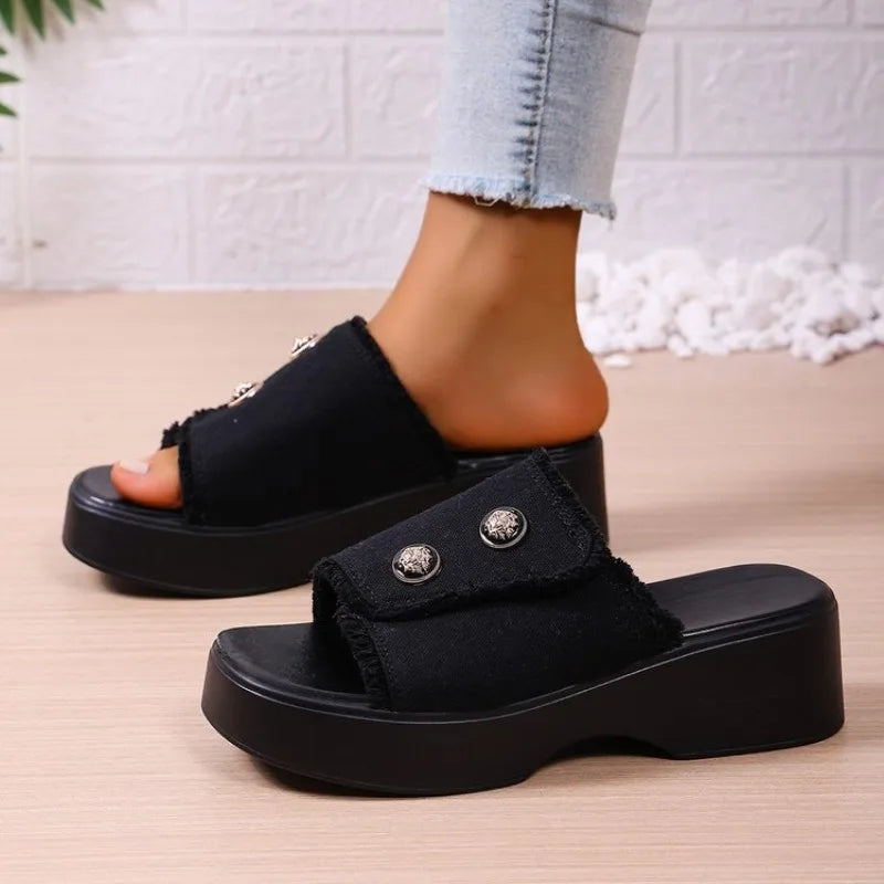Leopard Print Women's Shoes Wedge Slippers Square Toe 2026 Summer New Fashion Platform Outdoor Beach Slippers Sandalias De Mujer