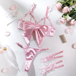 Women's 3 Piece Lingerie Set Sexy Hollow Out Satin Bow Tie Bra and Panty Set with Thigh Straps