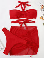 3 PCS Mesh Skirt Halter Wrap Around Bikini Female Swimsuit Women Swimwear Three-pieces Bikini Set Bathing Suit Swim Beachwear