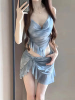 New Korean Style Bikini Set Women Pink Gradient Ruffles Push Up Mesh Skirt 3 Piece Swimsuit Summer Bathing Suit Holiday Swimwear