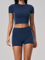 Color Contrast Yoga Suit Women Short Sleeve O Neck Sports T Shirts Tracksuit Outwear High Waist Shorts Gym Running Fitness Suits