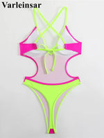 V Neck Splicing Extreme String Mini Micro Thong Women Swimwear One Piece Swimsuit Female Padded Bathing Suit Bather Swim V7085