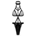 Porn PU Leather Erotic Open Crotch Bodysuit Zipper Open Crotch Bandage Breast Latex Women Sexy Lingerie