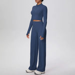 2 Pcs Women's Seamless Yoga Set Long-sleeved Wide-leg Pants Tracksuit Fitness Sports Set High-waisted Hip-lifting Slim-fit Suit