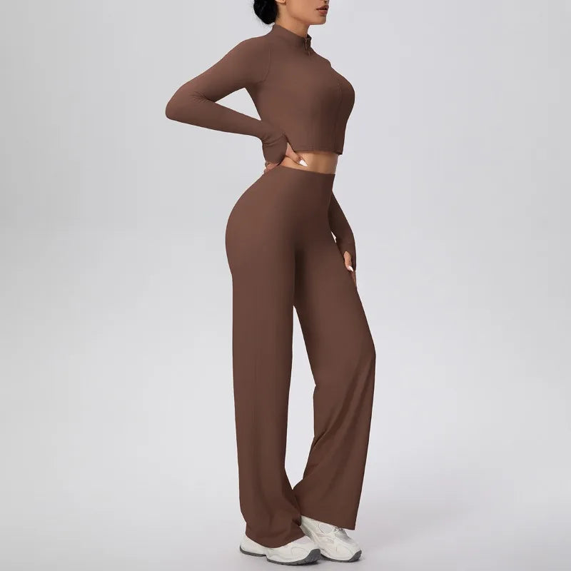 2 Pcs Women's Seamless Yoga Set Long-sleeved Wide-leg Pants Tracksuit Fitness Sports Set High-waisted Hip-lifting Slim-fit Suit