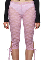 Women Lace Capri Leggings Flower See Through Low Rise Knee Length Tight Shorts with 3D Bows