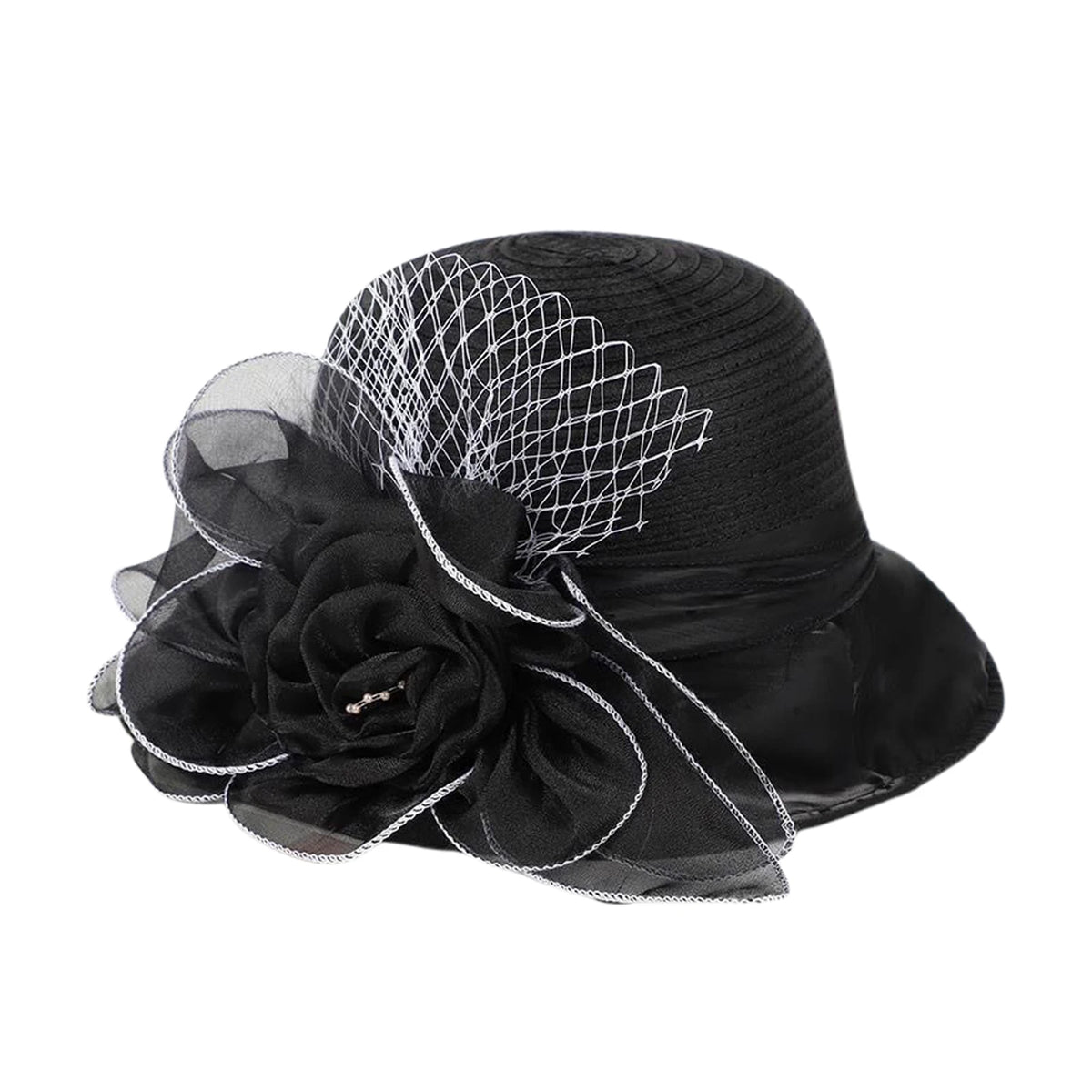 Women's Organza Flower Sun Hat Wide Brim Bucket Cap Wedding Church Dress Hat Fascinator Bridal Tea Party Hat