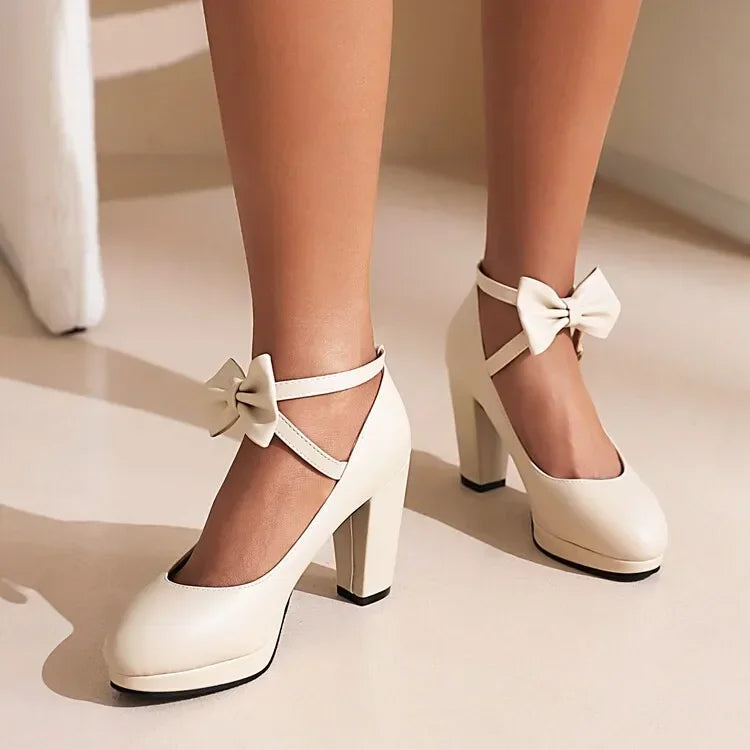 Spring and Autumn New Style Fashion Round Head High-heeled Women's Shoes Sweet Bow Shallow Mouth Buckle Thick Heel Women Shoes