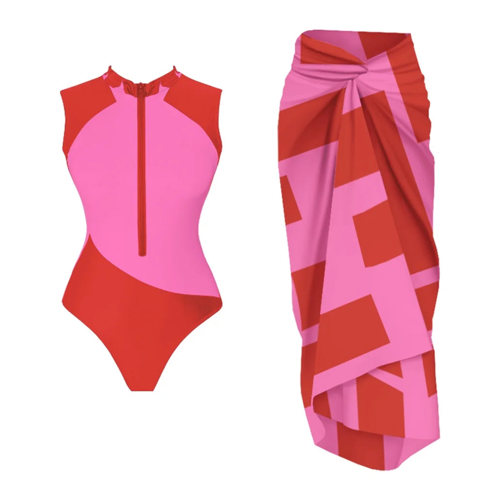 Black And Printed Long Sleeve Swimsuit With Cover Up Sexy Swimwear Women Surf Swim Suit Slimming Bathingsuit Bodysuit Beachwear